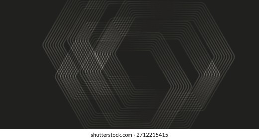 A dark, abstract background features an intricate pattern of overlapping, translucent hexagonal shapes formed by thin, parallel lines. The geometric design creates a sense of depth and modern digital aesthetics.