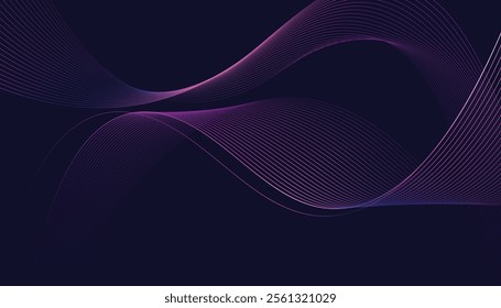 Dark abstract background featuring glowing, flowing wave lines in blue red color gradient. Futuristic design with shiny, smooth motion, perfect for technology-inspired visuals. Vector illustration.