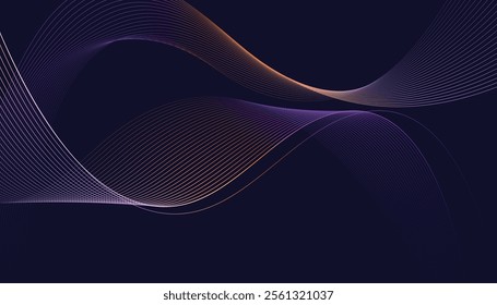 Dark abstract background featuring glowing, flowing wave lines in blue red color gradient. Futuristic design with shiny, smooth motion, perfect for technology-inspired visuals. Vector illustration.