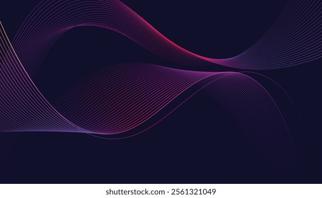 Dark abstract background featuring glowing, flowing wave lines in blue red color gradient. Futuristic design with shiny, smooth motion, perfect for technology-inspired visuals. Vector illustration.