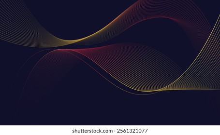 Dark abstract background featuring glowing, flowing wave lines in blue red color gradient. Futuristic design with shiny, smooth motion, perfect for technology-inspired visuals. Vector illustration.