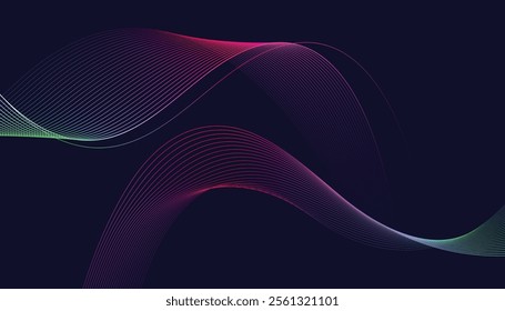 Dark abstract background featuring glowing, flowing wave lines in blue red color gradient. Futuristic design with shiny, smooth motion, perfect for technology-inspired visuals. Vector illustration.