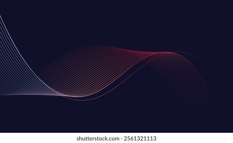 Dark abstract background featuring glowing, flowing wave lines in blue red color gradient. Futuristic design with shiny, smooth motion, perfect for technology-inspired visuals. Vector illustration.