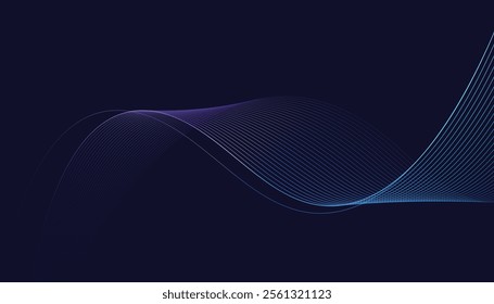 Dark abstract background featuring glowing, flowing wave lines in blue red color gradient. Futuristic design with shiny, smooth motion, perfect for technology-inspired visuals. Vector illustration.