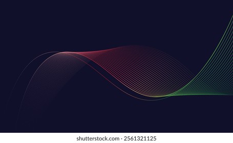 Dark abstract background featuring glowing, flowing wave lines in blue red color gradient. Futuristic design with shiny, smooth motion, perfect for technology-inspired visuals. Vector illustration.