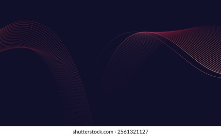 Dark abstract background featuring glowing, flowing wave lines in blue red color gradient. Futuristic design with shiny, smooth motion, perfect for technology-inspired visuals. Vector illustration.