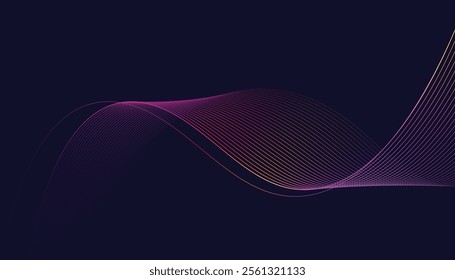 Dark abstract background featuring glowing, flowing wave lines in blue red color gradient. Futuristic design with shiny, smooth motion, perfect for technology-inspired visuals. Vector illustration.