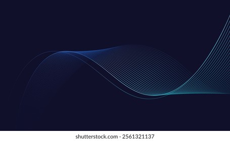 Dark abstract background featuring glowing, flowing wave lines in blue red color gradient. Futuristic design with shiny, smooth motion, perfect for technology-inspired visuals. Vector illustration.