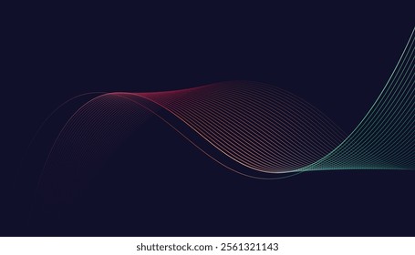 Dark abstract background featuring glowing, flowing wave lines in blue red color gradient. Futuristic design with shiny, smooth motion, perfect for technology-inspired visuals. Vector illustration.