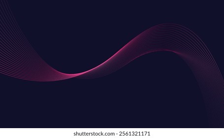 Dark abstract background featuring glowing, flowing wave lines in blue red color gradient. Futuristic design with shiny, smooth motion, perfect for technology-inspired visuals. Vector illustration.
