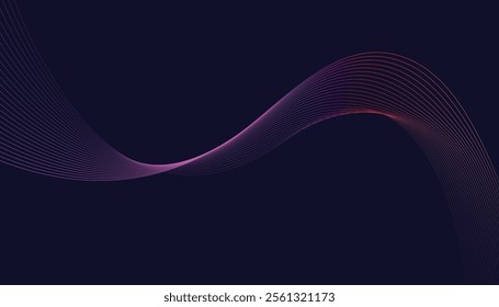 Dark abstract background featuring glowing, flowing wave lines in blue red color gradient. Futuristic design with shiny, smooth motion, perfect for technology-inspired visuals. Vector illustration.