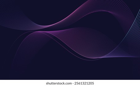 Dark abstract background featuring glowing, flowing wave lines in blue red color gradient. Futuristic design with shiny, smooth motion, perfect for technology-inspired visuals. Vector illustration.