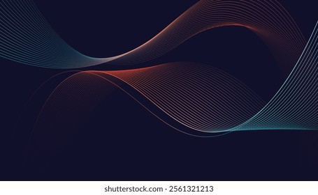 Dark abstract background featuring glowing, flowing wave lines in blue red color gradient. Futuristic design with shiny, smooth motion, perfect for technology-inspired visuals. Vector illustration.