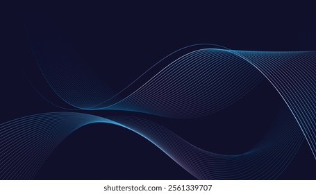 Dark abstract background featuring glowing, flowing wave lines in a modern purple-to-blue gradient. Futuristic design with shiny, smooth motion, perfect for technology-inspired visuals.