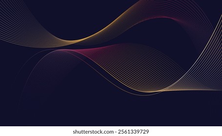 Dark abstract background featuring glowing, flowing wave lines in a modern purple-to-blue gradient. Futuristic design with shiny, smooth motion, perfect for technology-inspired visuals.