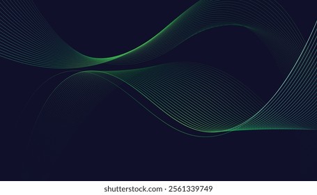 Dark abstract background featuring glowing, flowing wave lines in a modern purple-to-blue gradient. Futuristic design with shiny, smooth motion, perfect for technology-inspired visuals.