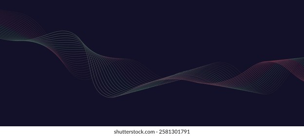 Dark abstract background featuring glowing, flowing wave lines in a modern purple-to-blue gradient. Futuristic design with shiny, smooth motion, perfect for technology-inspired visuals.