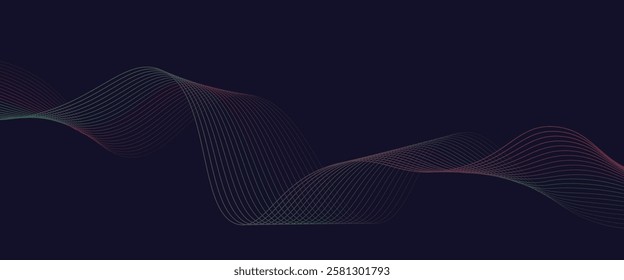 Dark abstract background featuring glowing, flowing wave lines in a modern purple-to-blue gradient. Futuristic design with shiny, smooth motion, perfect for technology-inspired visuals.