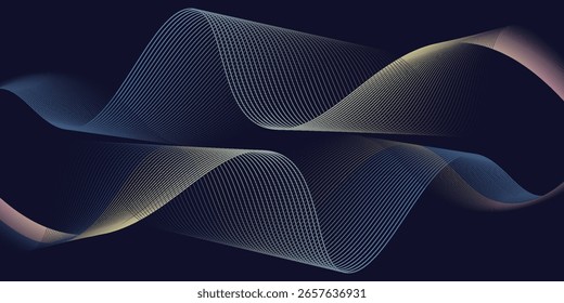 Dark abstract background featuring glowing, flowing wave lines in blue red color gradient. Futuristic design with shiny, smooth motion, perfect for technology-inspired visuals. Vector illustration.