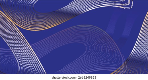 Plano de fundo abstrato escuro com linhas de onda brilhante e fluente no gradiente de cor vermelho azul. Design futurista com movimento brilhante e suave, perfeito para visuais inspirados na tecnologia. Ilustração vetorial.
