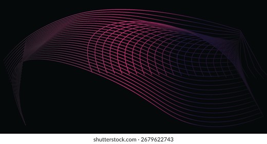 Dark abstract background featuring glowing, flowing wave lines in blue red color gradient. Futuristic design with shiny, smooth motion, perfect for technology-inspired visuals. Vector illustration.