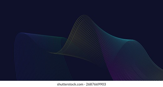 Dark abstract background featuring glowing, flowing wave lines in blue red color gradient. Futuristic design with shiny, smooth motion, perfect for technology-inspired visuals. Vector illustration.