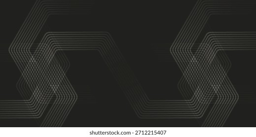 A dark abstract background featuring intricate patterns of thin, light grey lines that interlace to form complex geometric and hexagonal shapes, creating a modern and dynamic visual texture.