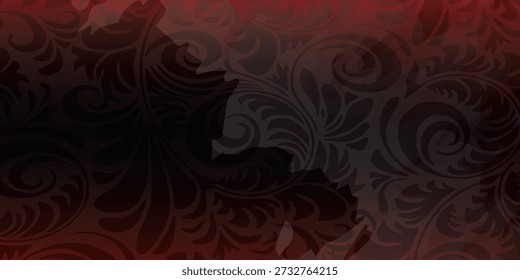 Um fundo escuro e abstrato com uma faixa preta horizontal proeminente sobrepondo um padrão floral ou paisley sutil e intrincado.