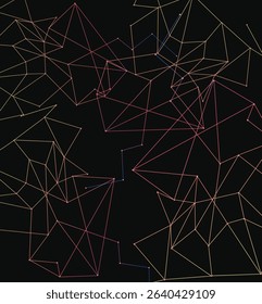 A dark abstract background featuring a vibrant network of interconnected lines and polygons in gradients of orange, pink, and blue