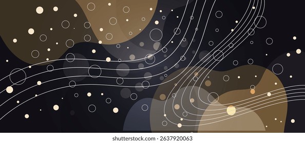 Dark Abstract Background with Flowing Light Beige Lines, Overlapping Muted Brown and Beige Organic Forms, Scattered Light-Beige Circles and Dots for Depth, Texture, and a Dreamlike Fluid Aesthetic