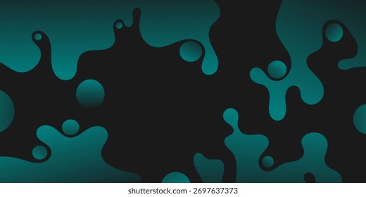 Dark abstract background with flowing and shining turquoise liquid splash pattern and floating bubbles, creating a modern, dynamic and fluid design.
