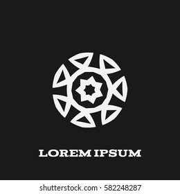Dark abstract background with geometric circular emblem. Stylish modern illustration.