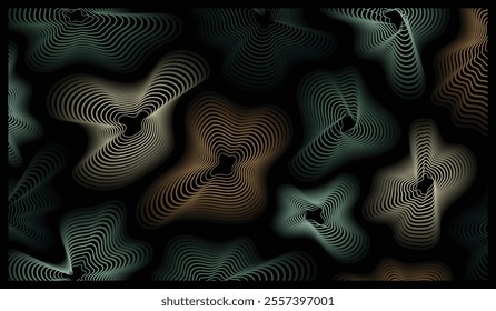 Dark abstract background with geometric flowing retro neon line pattern, topography, invitation, poster, wallpaper