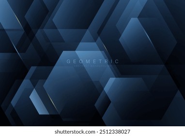 Fondo abstracto oscuro con gráfico de forma geométrica. Formas hexagonales azules brillantes elegantes modernas. Tecnología concepto futurista. Traje para el Anuncio, cartel, volante, cubierta, Sitio web, ciencia, innovación