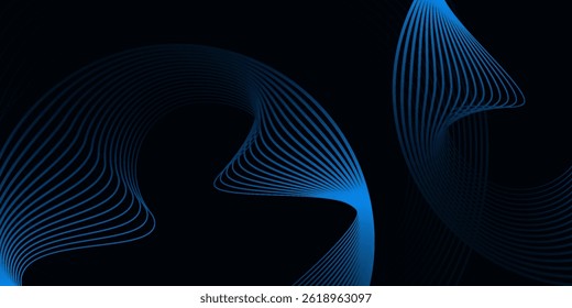 Dark abstract background. Glossy curved lines. Shiny blue metallic gradient stripes. Modern futuristic graphic. Suit for banner, cover, business, corporate, flyer, poster, presentation, website