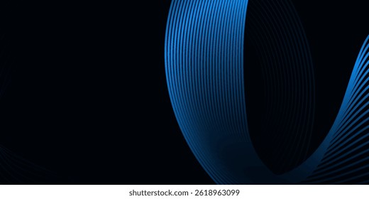 Dark abstract background. Glossy curved lines. Shiny blue metallic gradient stripes. Modern futuristic graphic. Suit for banner, cover, business, corporate, flyer, poster, presentation, website