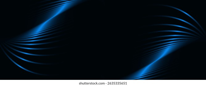 Dunkler abstrakter Hintergrund. Glänzend gekrümmte Linien. Glänzend blaue Metallic-Farbverlauf-Streifen. Moderne futuristische Grafik. Anzug für Banner, Cover, Business, Corporate, Flyer, Poster, Präsentation, Website