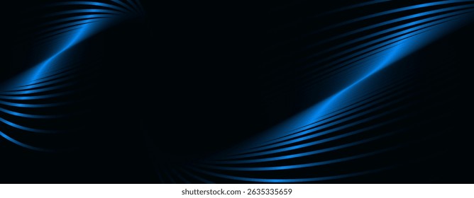 Dark abstract background. Glossy curved lines. Shiny blue metallic gradient stripes. Modern futuristic graphic. Suit for banner, cover, business, corporate, flyer, poster, presentation, website