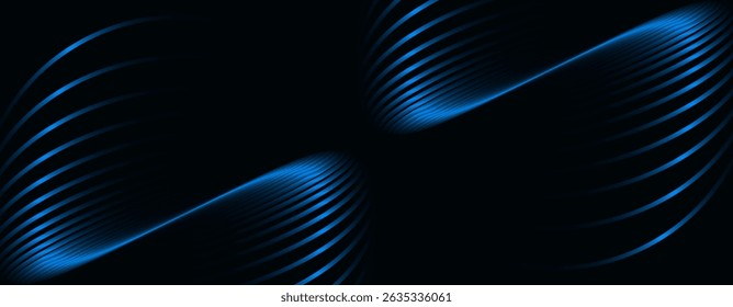 Dark abstract background. Glossy curved lines. Shiny blue metallic gradient stripes. Modern futuristic graphic. Suit for banner, cover, business, corporate, flyer, poster, presentation, website
