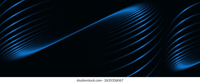 Dark abstract background. Glossy curved lines. Shiny blue metallic gradient stripes. Modern futuristic graphic. Suit for banner, cover, business, corporate, flyer, poster, presentation, website