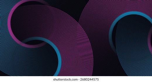 Fondo abstracto oscuro con líneas de círculo azul y rosa brillante. Patrón de líneas geométricas azul brillante moderno. Concepto de tecnología futurista.