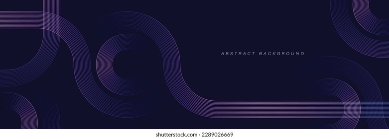 Fondo abstracto oscuro con líneas redondeadas brillantes. Diseño de líneas de rayas geométricas. Líneas modernas y brillantes de gradiente azul violeta. Concepto de tecnología futurista. Plantilla de banner horizontal