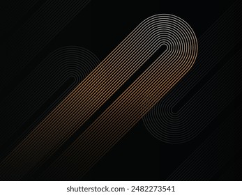 Dark abstract background with glowing golden geometric lines. Luxury dark diagonal rounded lines pattern.