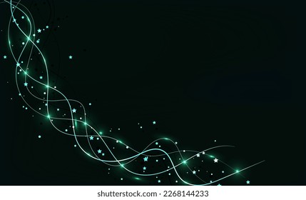Dark abstract background with glowing green lines and stars. Shiny moving lines design element. Modern green smooth wave lines. Futuristic technology concept. Vector illustration