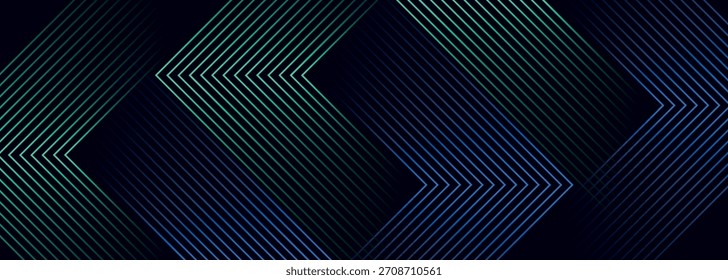 Dunkler abstrakter Hintergrund mit leuchtend grünen und blauen Pfeillinien Design. Modernes geometrisches Linienmuster für Cover, Poster, Banner, Broschüren, Präsentationen und Websites. VOL. 5