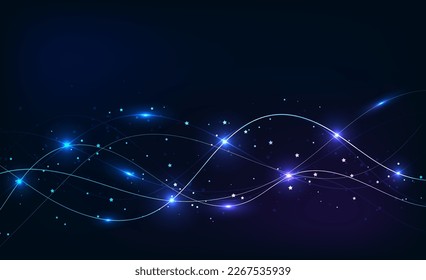 Dark abstract background with glowing lines and dots. Shiny moving lines design element. Modern violet-blue smooth wave lines. Futuristic technology concept. Vector illustration