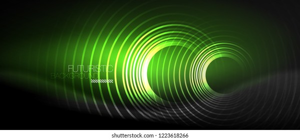 Dark abstract background with glowing neon circles, vector