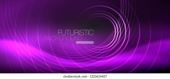 Dark abstract background with glowing neon circles, vector