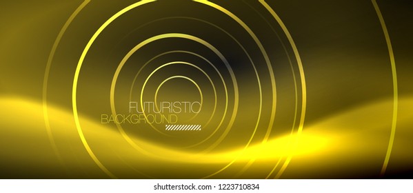 Dark abstract background with glowing neon circles, vector
