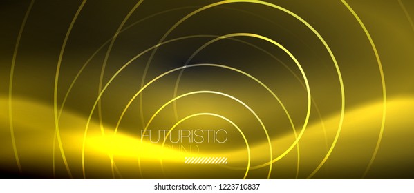 Dark abstract background with glowing neon circles, vector